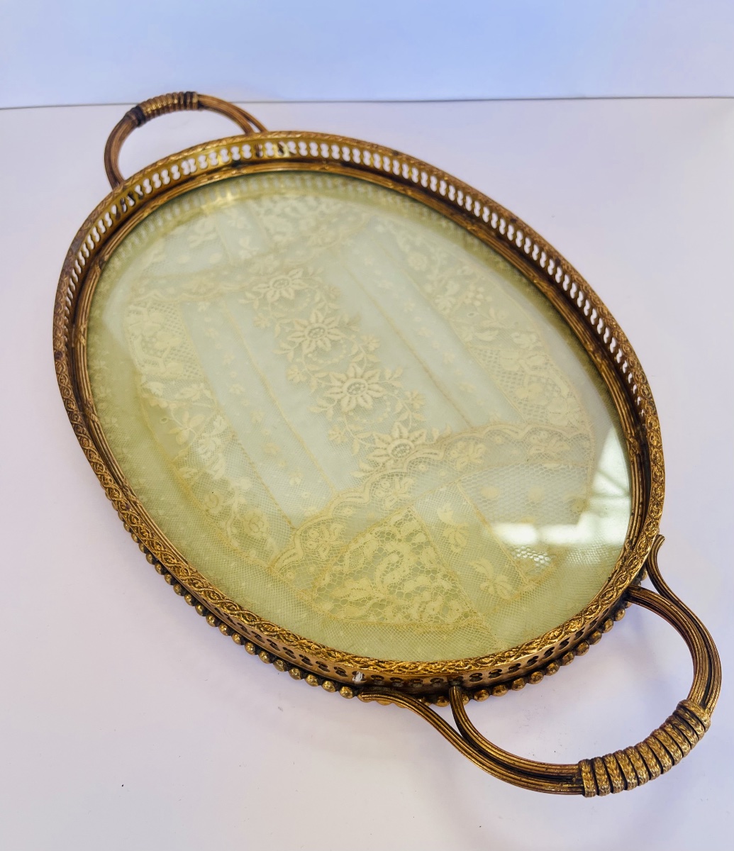 Brass Tray With Embroidery Under Glass -photo-4